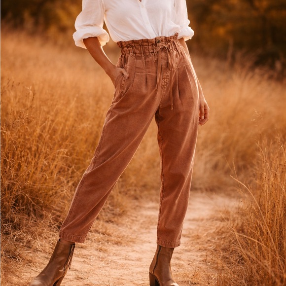 Free People Pants - Free People Brown Margate Cord Pleat Slouch Paper Bag Boho Cargo Utility Jogger
